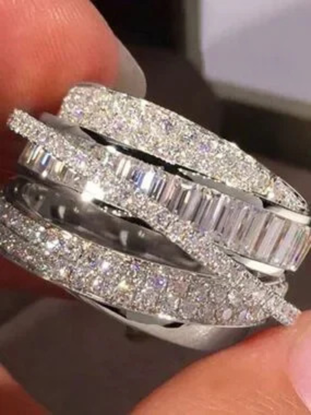 Elegant Silver Crystal Multi-Band Spiral Ring